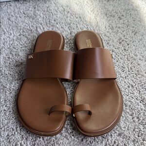 MICHAEL Michael Kors Chestnut Brown Leather Slide Sandals with Toe Loop